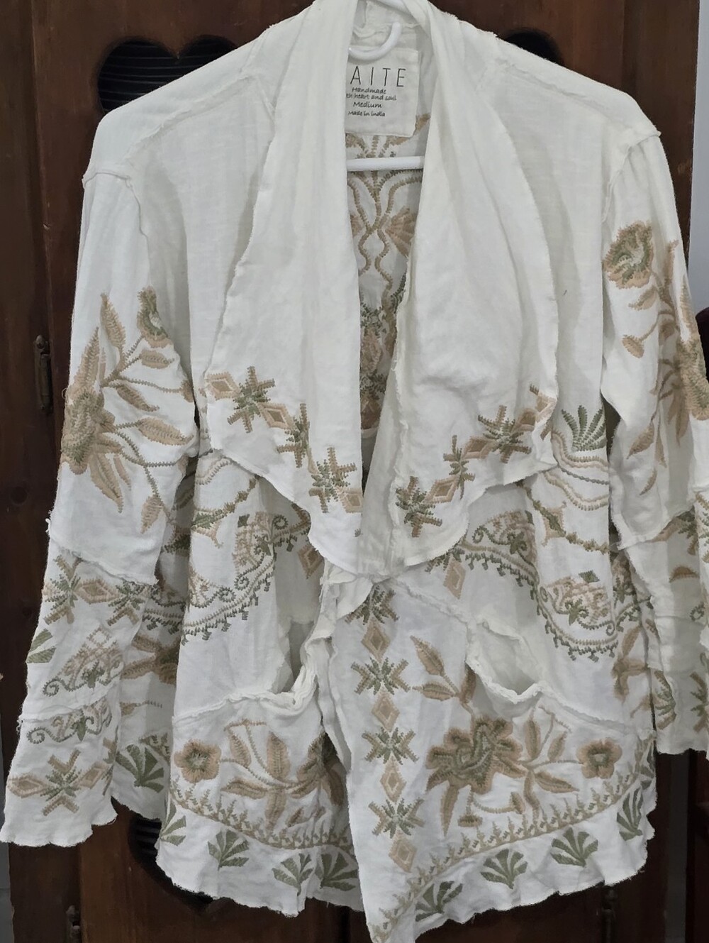 Caite Hand Made Embroidered Open Front Sweater Size Medium Cotton/ Linen Blend